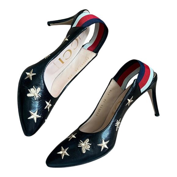 Gucci Heels Sylvie Web Bee Accent Leather Slip On Slingback Round Toe Pumps Shoe - Picture 6 of 11